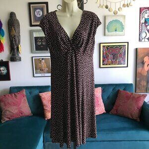 JONES WEAR size 12 Brown & Beige Polka Dot Crossover Bust Jersey Dress